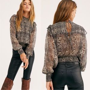 NWT Free People Roma Smocked Blouse Neutral Snake Print Mock Neck Semi Sheer